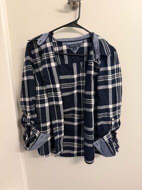 Tommy Hilfiger Women's Navy Plaid Button-Up Shirt - 100% Cotton - Size M